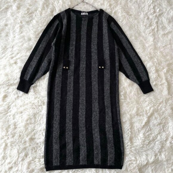 Bonny Striped Brushed Wool Blend Knit Dress Black - Picture 1 of 6